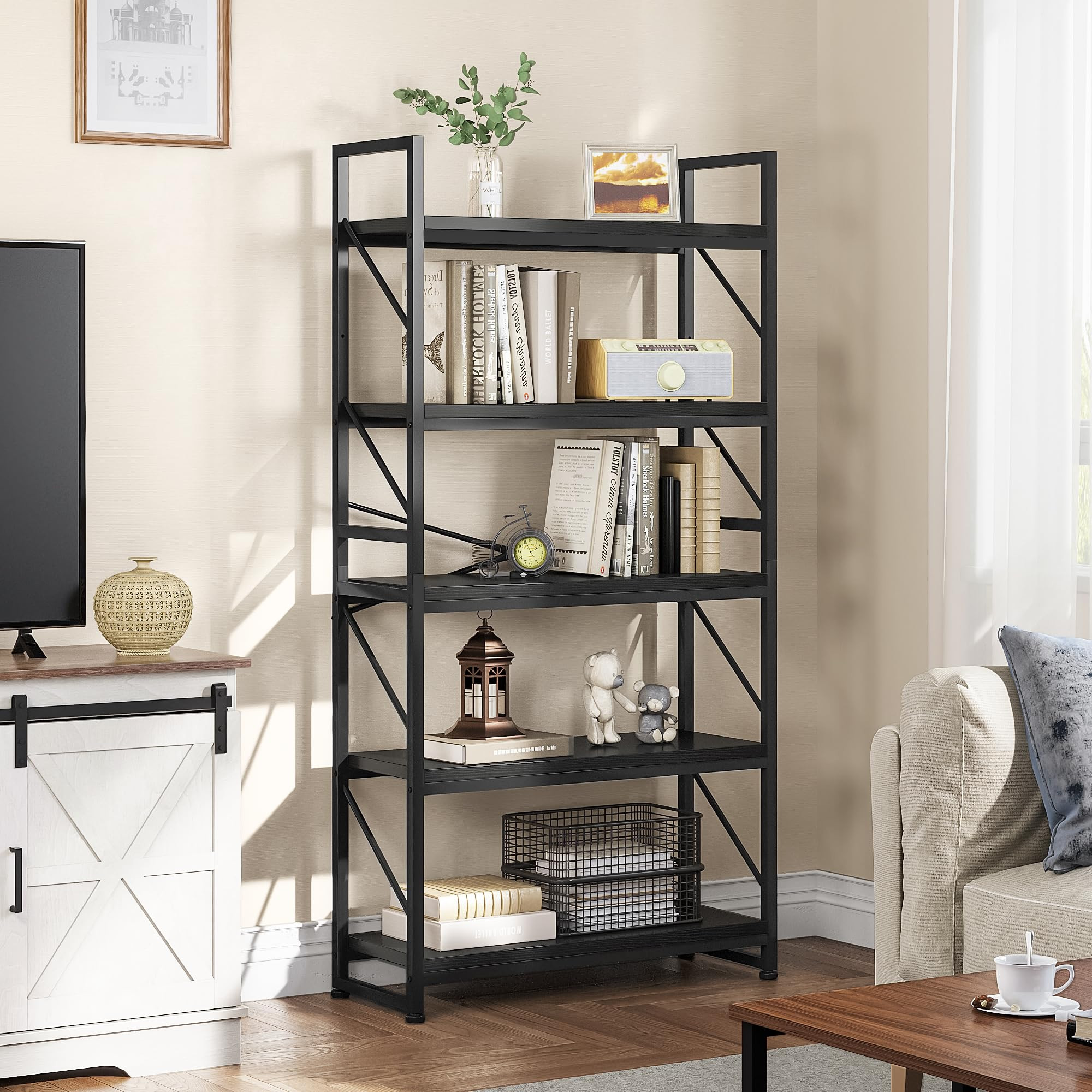 YITAHOME Bookcase 5 Tiers, Industrial Book Shelf Large Floorstanding Book case Wooden Shelf and M... | Amazon (UK)