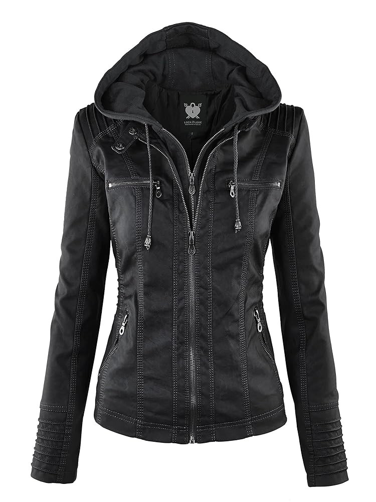 Lock and Love Women's Faux Leather Moto Biker Jacket Coat with Removable or Non-Removable Hood | Amazon (US)