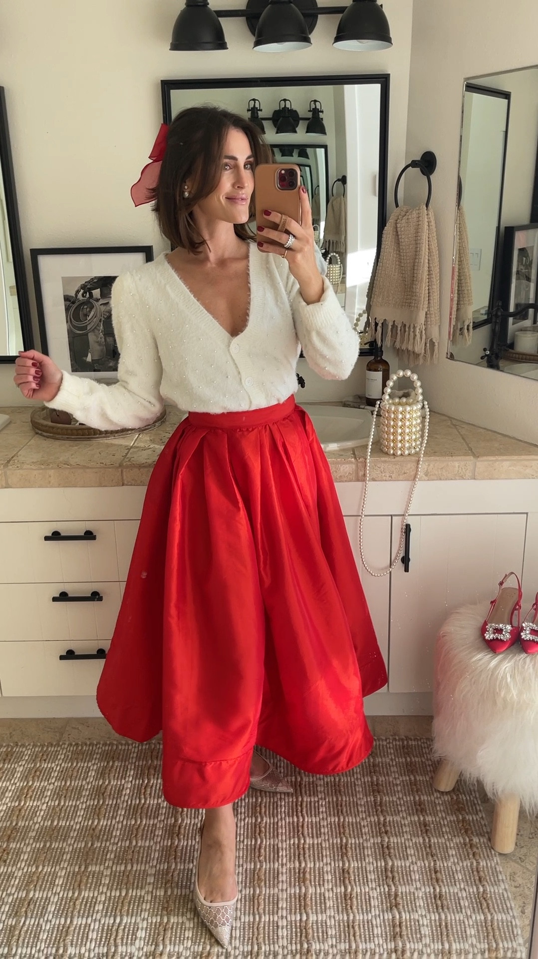 HOLIDAY \ girls night party outfit! Looooove this new red skirt🥰 under $100!! Paired with crystal heels from Target - $30 and so comfy AND a pearl bag from Amazon. wearing smalls.

Christmas party
Date night 

#LTKFindsUnder100 #LTKWatchNow #LTKHoliday