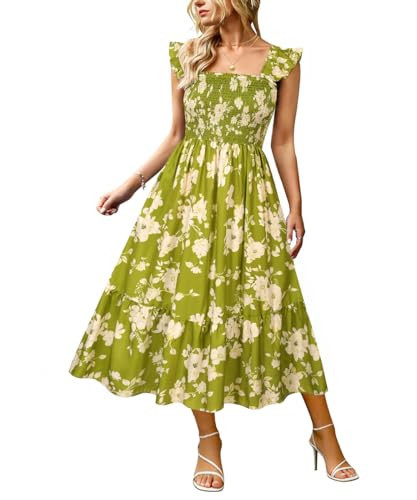 RITERA Plus Size Boho Dress Women Summer Square Neck Maxi Sundress Sleeveless Smocked Ruffle Strap Dress with Pocket Green Floral Flowy A-Line Beach Casual Wedding Guest Flowy Dresses XL 14W 16W | Amazon (US)