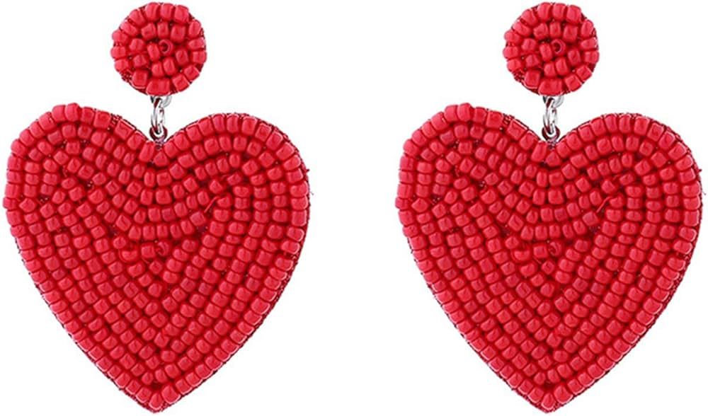 Just Follow Red Beaded Drop Earrings for Women Seed Bead Heart Dangle Earrings Handmade Beaded Ea... | Amazon (US)