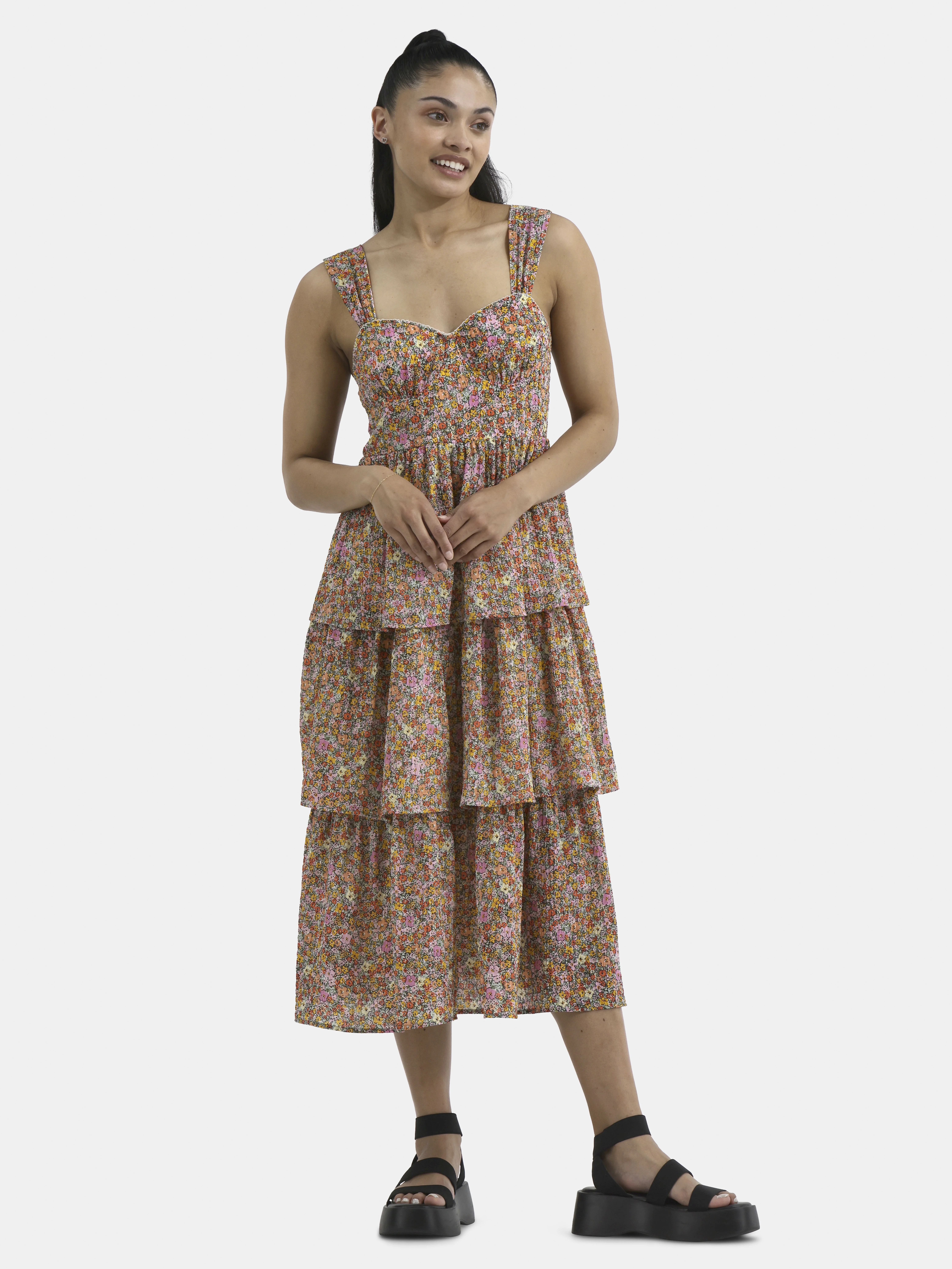 No Boundaries Tiered Bustier Maxi Dress, Women's | Walmart (US)