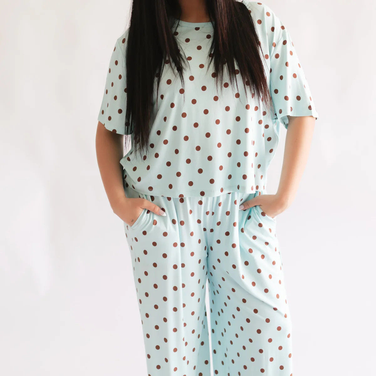 Women's T-Shirt and Pants Set in Blue & Brown Polka Dot | Silks Design