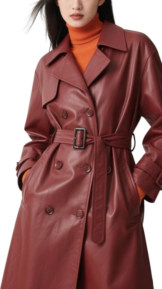utcoco Women's Faux Leather Trench Coat Double Breasted Belted High Waist Long PU Leather Jacket ... | Amazon (US)