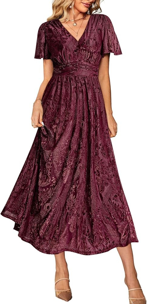 Simplee Women’s V Neck Velvet Maxi Dress Short Sleeve Empire Waist Long Formal Dress for Weddin... | Amazon (US)