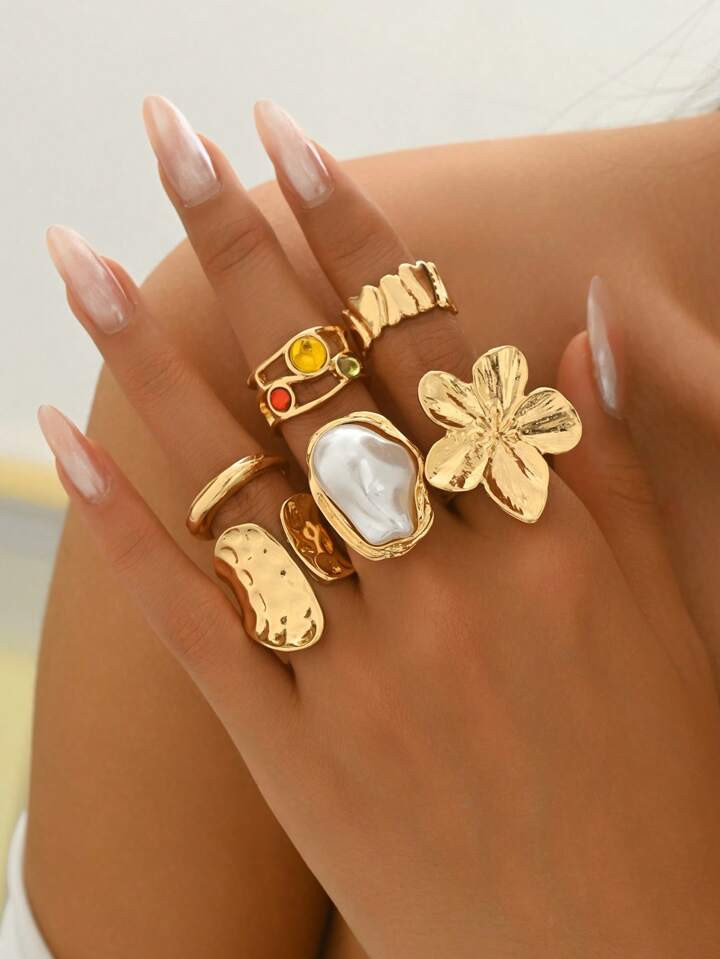 6pcs/Set Retro Metallic Flower & Rhinestone Design Rings, Faux Pearl Embellished, Can Be Worn Ind... | SHEIN