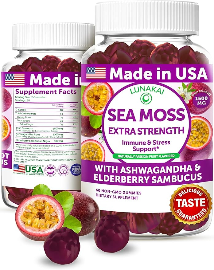 Lunakai USA Made Irish Sea Moss Gummies with Ashwagandha & Elderberry – Delicious Immune & Stre... | Amazon (US)