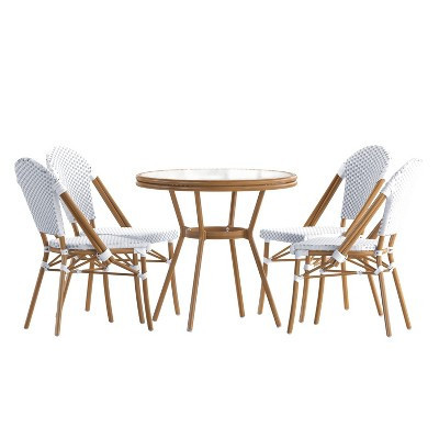 Merrick Lane Celia Bistro Style Table with Glass Top, White & Gray PE Rattan, 4 Stack Chairs, and Bamboo Finished Metal Frame for Indoor/Outdoor Use | Target