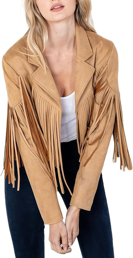 REVEROF Women's Faux Suede Leather Fringe Jacket Short Open Front Tassel Coat | Amazon (US)