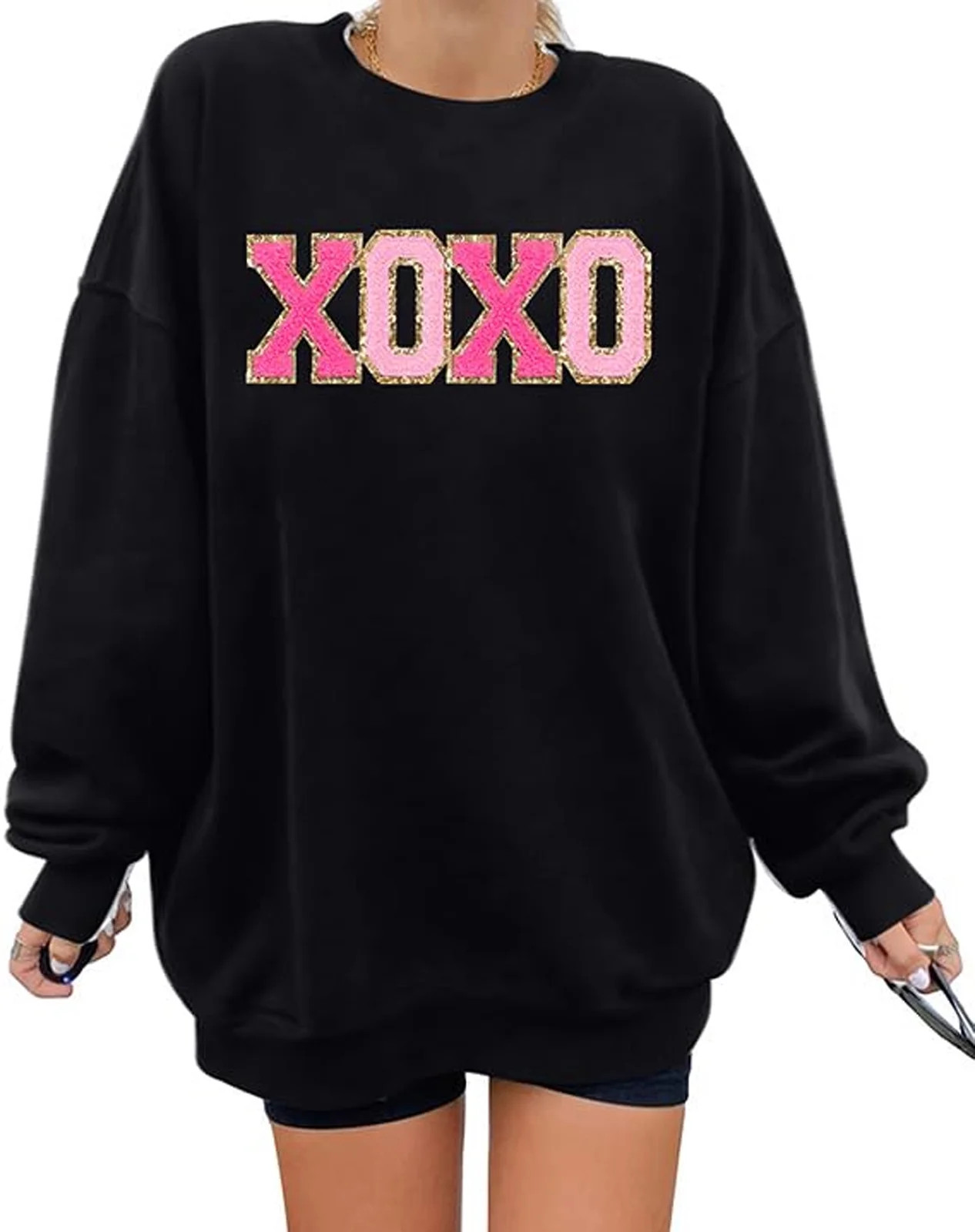 KimSoong Womens Valentine's Day Sweatshirts Love Heart Long Sleeve Tops Oversized XOXO Patch Crew... | Walmart (US)