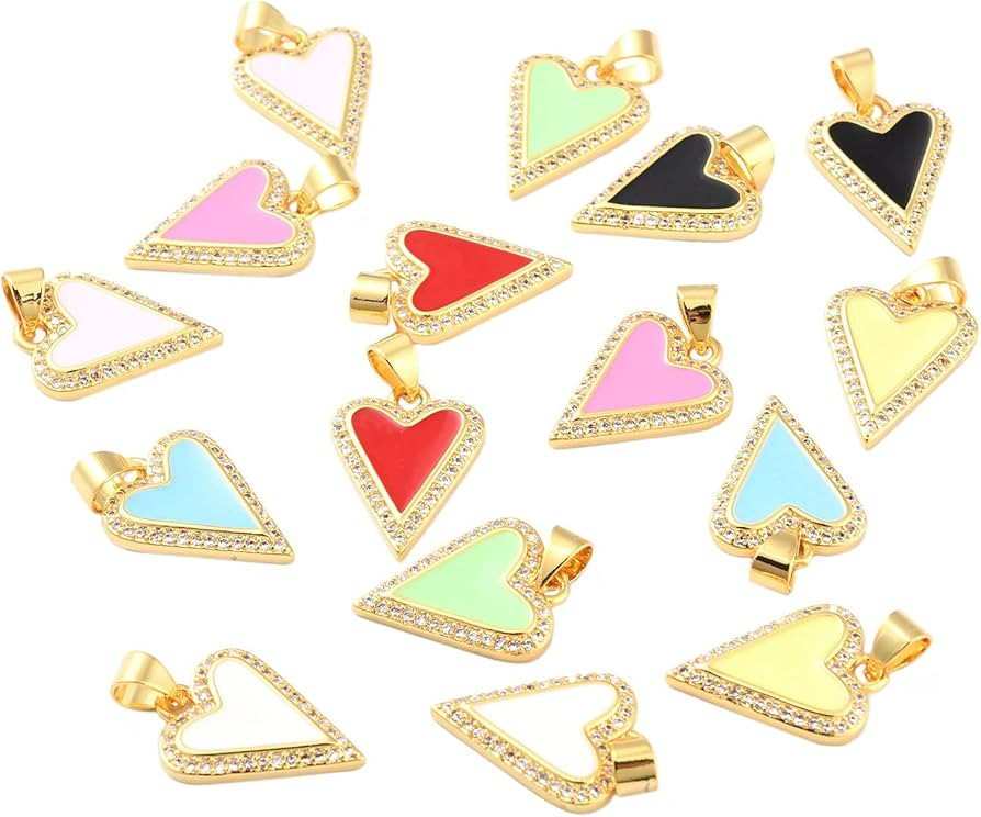 10pcs Random Color Brass Enamel Heart Charms Pendants CZ Stone Pendants for DIY Jewelry Necklaces... | Amazon (US)