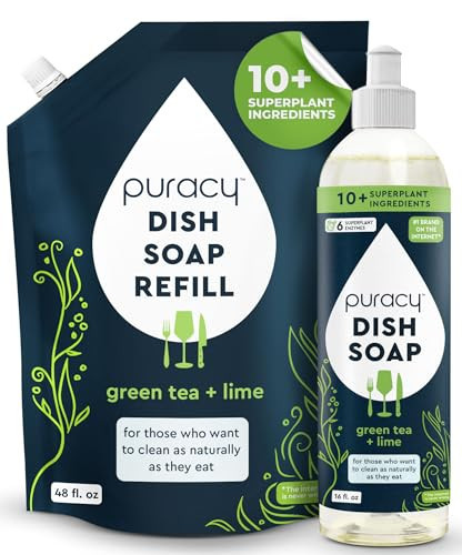 Puracy Gel dish soap Refill and Bottle Packs - 1-Pack Liquid Dishwashing Detergent Refill (48oz) and Kitchen Soap Bottles (16oz) - Plant-Based Liquid, Green Tea & Lime. | Amazon (US)