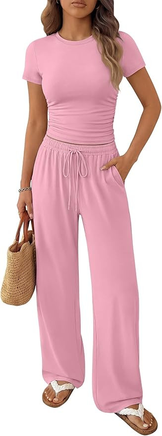 ANRABESS Women's 2 Piece Summer Matching Lounge Sets Wide Leg Pants Ruched Crop Tops Sweatsuits S... | Amazon (US)