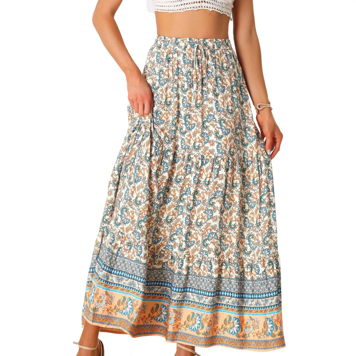INSPIRE CHIC Women's Boho Casual Floral Printed Elastic Waist Maxi Skirts Medium Beige | Target