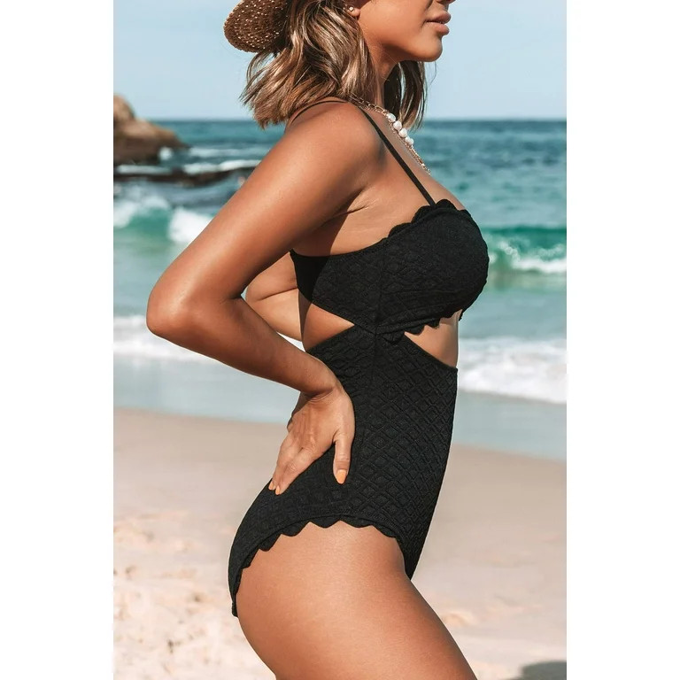 Cupshe Women's One Piece Swimsuit Sexy Black Cutout Scallop Trim Bathing Suit, L | Walmart (US)