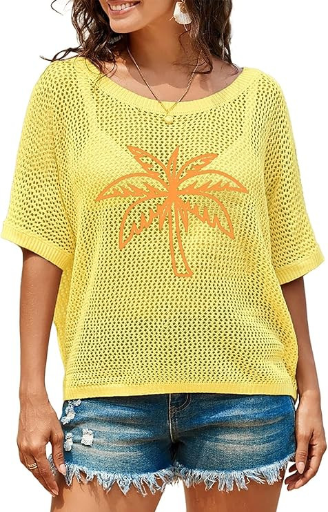 Dokotoo Womens Floral Fashion Summer Tops 2026 Short Sleeve Crochet Sweaters Swimsuit Cover Ups L... | Amazon (US)