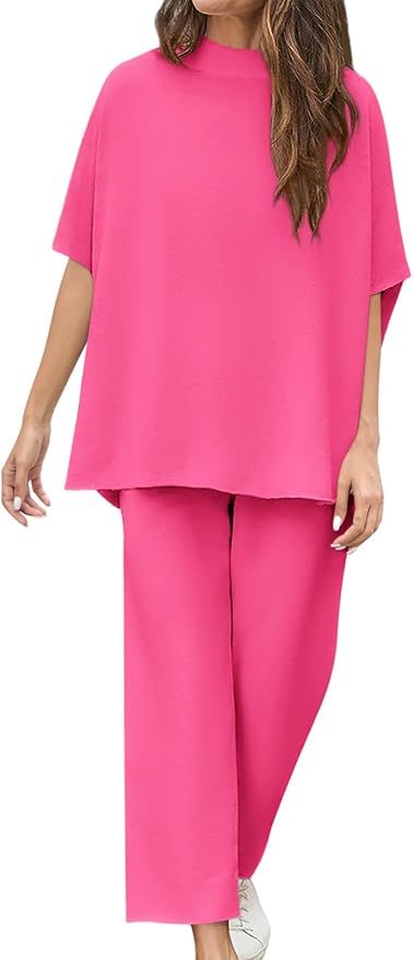 Yousify Women's Two Piece Outfits Crew Neck Pullover Tops 3/4 Batwing Sleeve Capelet Wide Leg Pan... | Amazon (US)