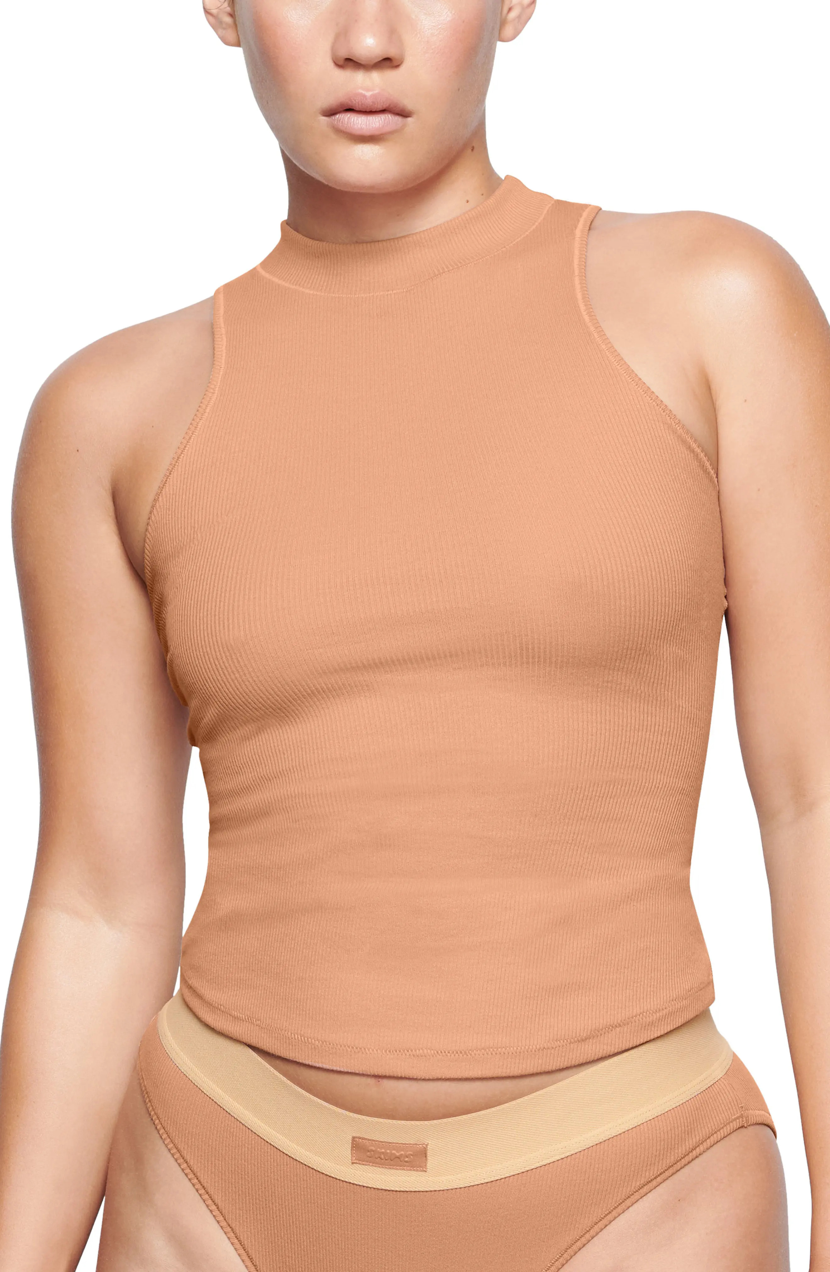 SKIMS Cotton Rib Mock Neck Tank in Sedona at Nordstrom, Size Medium | Nordstrom