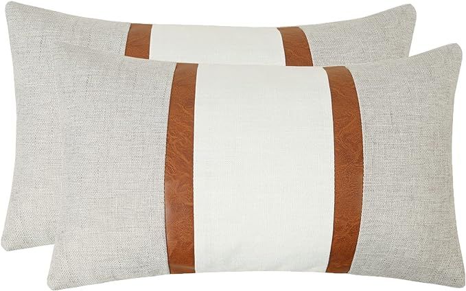 cygnus 12x20 Lumbar Pillow Covers Case Set of 2 Slub Cotton and Faux Leather Decorative Rectangle... | Amazon (US)