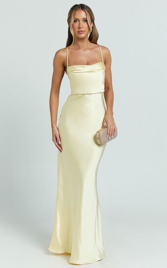 Hanna Maxi Dress - Satin Cowl Neck Low Back Dress in Lemon | Showpo (US, UK & Europe)