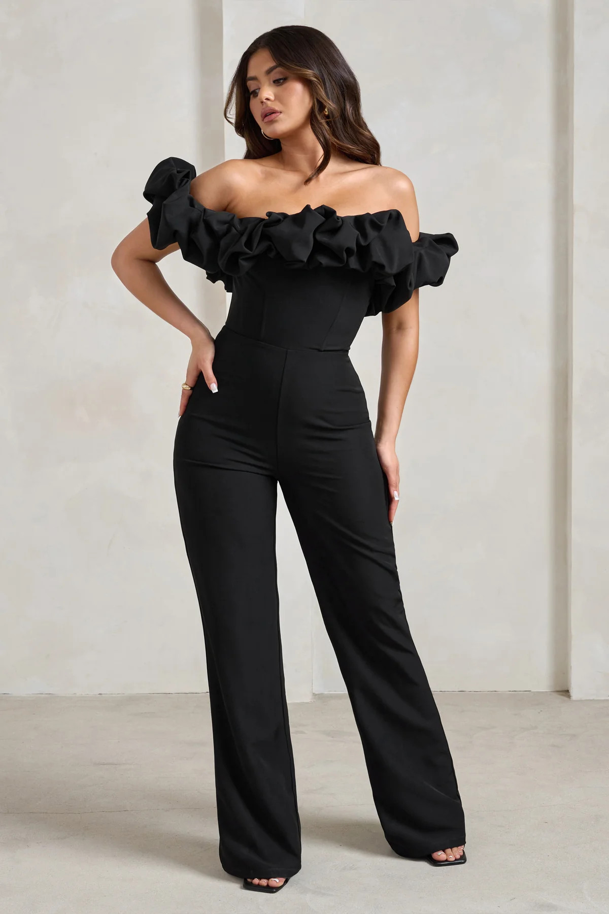 Esmie | Black Structured Statement Bardot Wide Leg Jumpsuit | Club L London