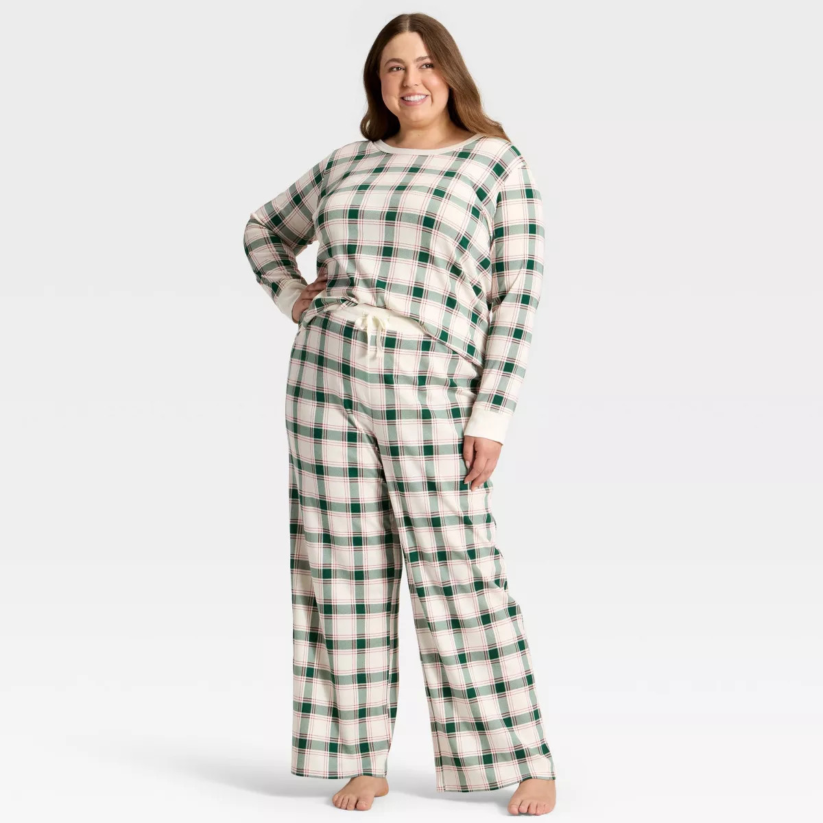 Women's Plaid Ribbed Long Sleeve Holiday Matching Family Pajama Shirt - Wondershop™ Cream | Target