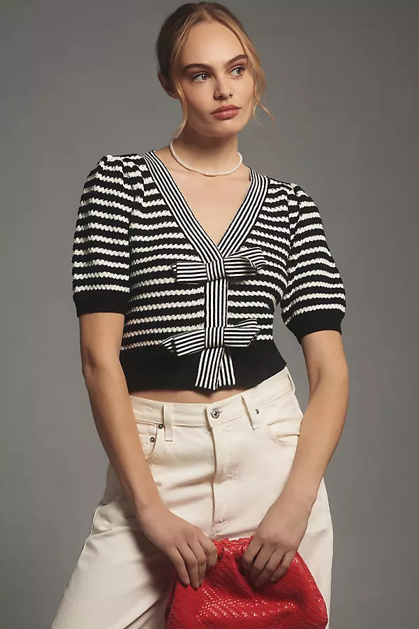 Short-Sleeve Striped Bow Cardigan Sweater | Anthropologie (US)