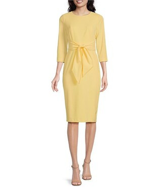 Stretch Crepe Crew Neck Tie Waist 3/4 Sleeve Midi Sheath Dress | Dillard's