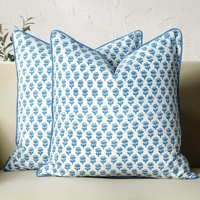 CPC 100% Cotton Throw Pillow Covers 20x20 Inch, Set of 2 Blue Block Print Pattern Couch Pillow, C... | Amazon (US)