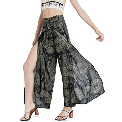 6 Colors Women’s High Waist Side Slit Wrap Pants Tie Up Front and Back - Flowy Wide Leg Palazzo Wrap Around Pants to Jumpsuit for Casual, Yoga, Work, Swim Beach Cover Up, Summer Fashion (Black-Gold) | Amazon (US)