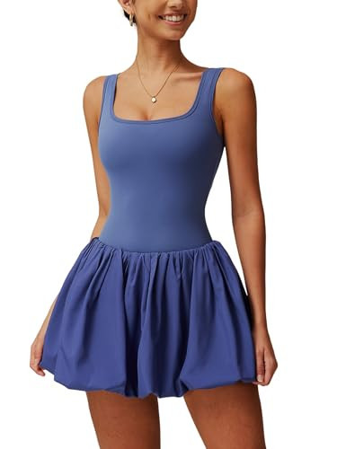 ABOCIW Tennis Dresses for Women Squre Neck Sleeveless Bubble Tank Active Workout Athletic Dress with Built in Shorts Purple Medium | Amazon (US)
