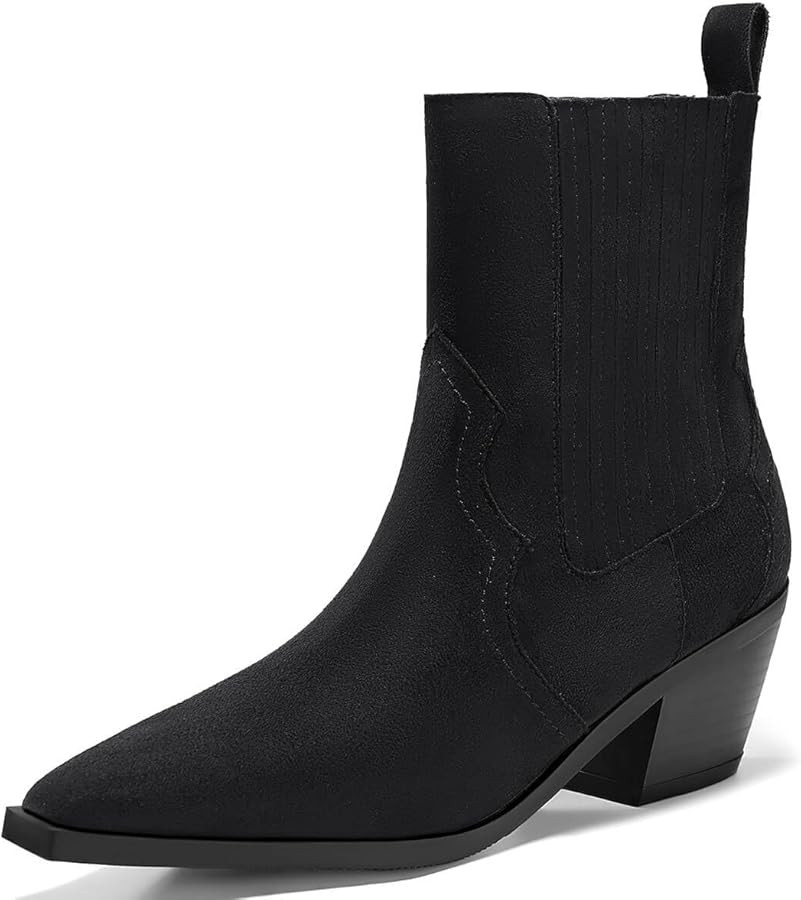 Coutgo Womens Western Pointed Toe Ankle Booties Chunky Stacked Heel Chelsea Boots Cowboy Elastic ... | Amazon (US)