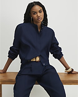 Navy Linen Blend Tailored Bomber Jacket | River Island UK & IE