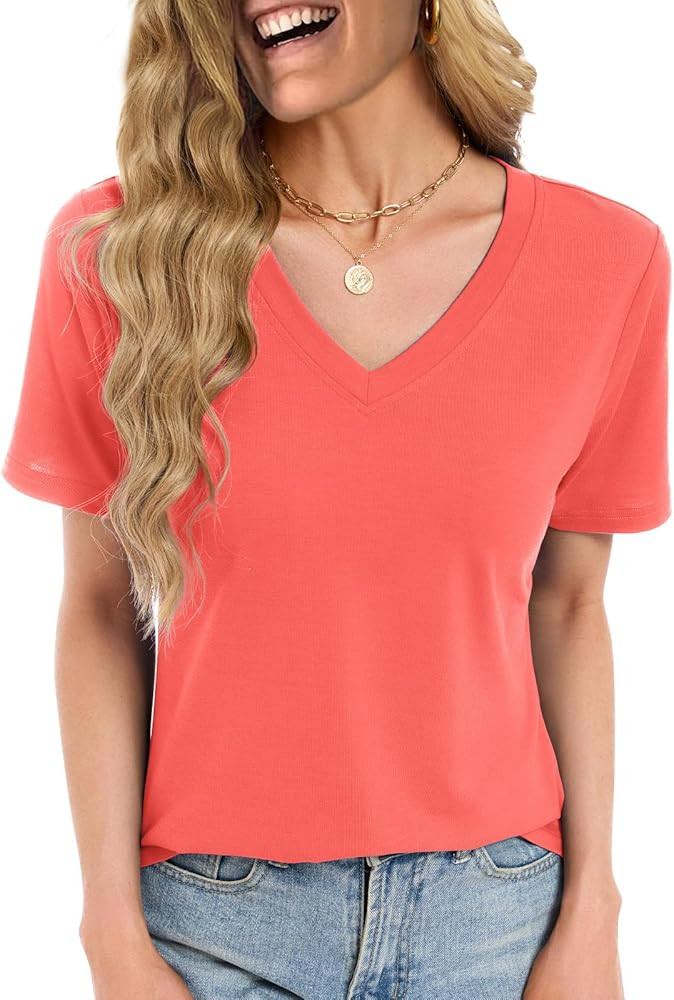 Womens Summer Tops Short Sleeve V Neck T Shirts Dressy Casual Flowy Blouses Plus Size Tunic Work ... | Amazon (US)