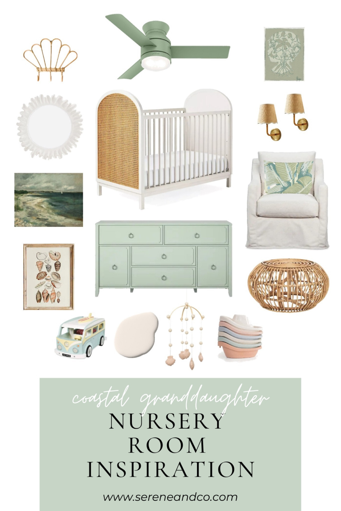 A sage green coastal granddaughter nursery. Calm and soothing with warm textures from rattan and wicker, this space is the perfect mix  

#LTKhome #LTKbaby