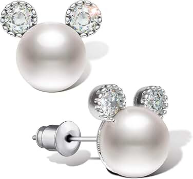 Pearl Stud Earrings for Women, 7 mm CZ Cute Mouse Stainless Steel Earrings | Amazon (US)