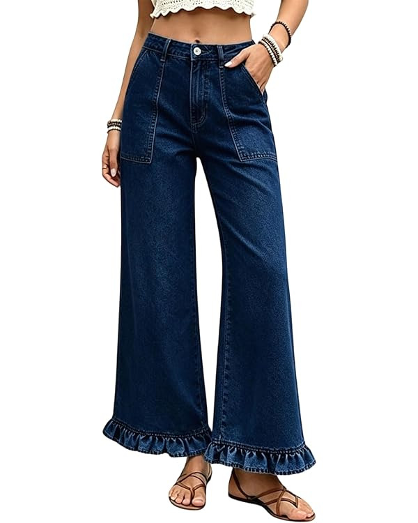 Wide Leg Jeans for Women with Pockets,Fall Winter Outfits | Cute Ruffle Hem High Waisted Trousers... | Amazon (US)