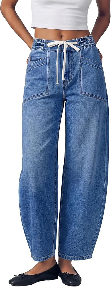 GRAPENT Barrel Jeans for Women High Waisted Elastic Waist Baggy Denim Pants | Amazon (US)
