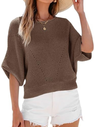 Saodimallsu Womens Short Batwing Sleeve Sweater Tops Crochet Knit Crew Neck Loose Casual Summer Pullover T-Shirts Coffee | Amazon (US)