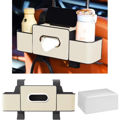 Car Back Seat Organizer with Cup Holder & Tissue Box, Multifunctional Storage with Hook for Phones & Snacks Beige one size | Target