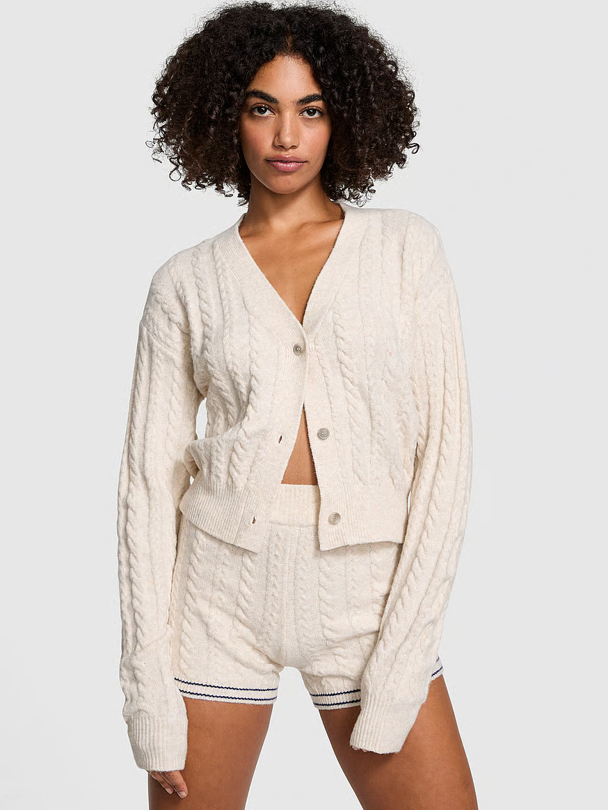 Buy Collegiate Cable-Knit Cropped Cardigan - Order Sweaters online 1125082100 - PINK US | Victoria's Secret (US / CA )