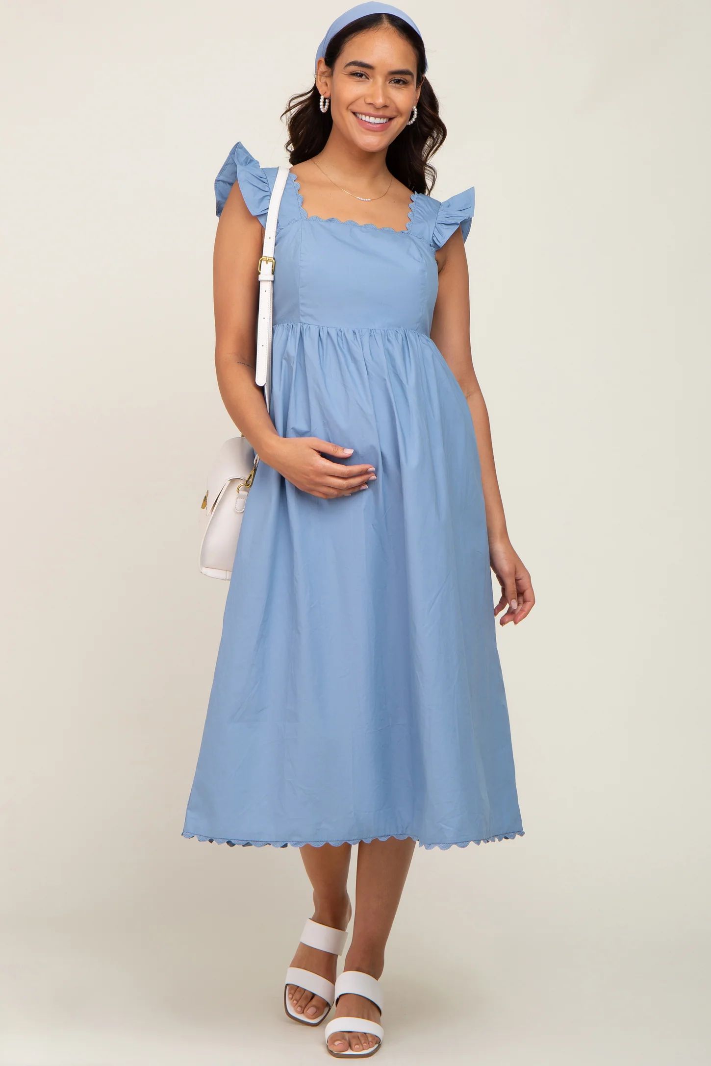 Blue Scallop Flutter Sleeve Maternity Midi Dress | PinkBlush Maternity