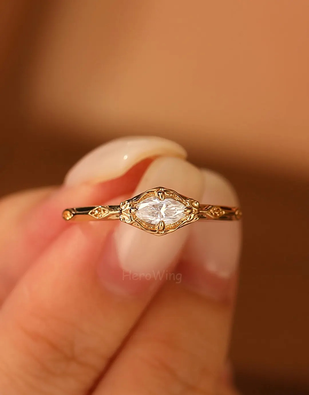 Dainty Solitaire Marquise Engagement Ring Solid Rose Gold 10K/14K Vintage Design Rings for Women ... | Etsy (US)