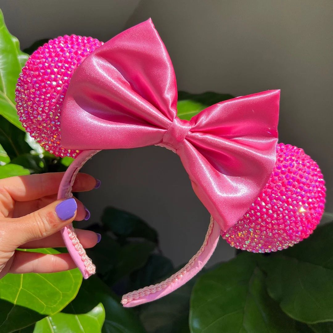 Hot Pink Ears Pink Satin Minnie Bow Mouse Ears Pink Rhinestone Ears Barbie Pink Headband Sparkle ... | Etsy (US)