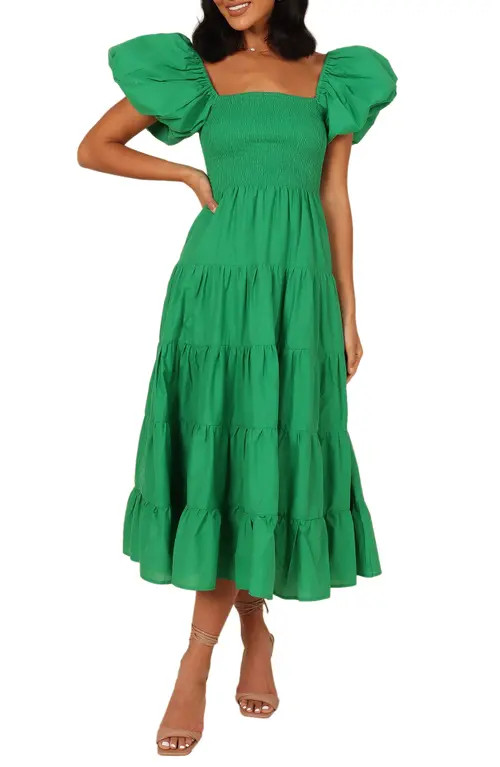 Petal & Pup Annette Puff Sleeve Midi A-Line Dress in Green at Nordstrom, Size Small | Nordstrom