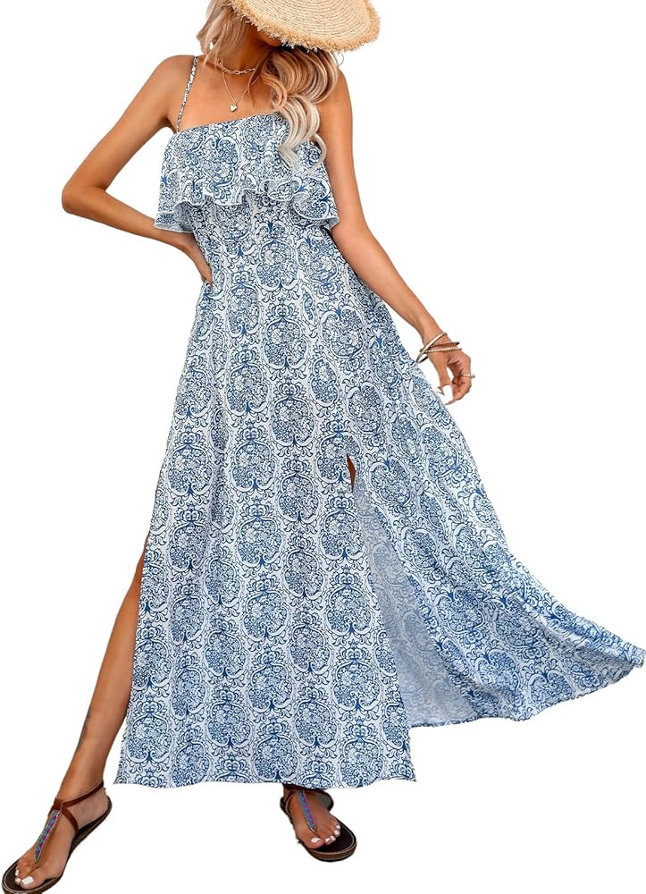 CUPSHE Off Shoulder Paisley Print Maxi Dresses for Women Boho Spaghetti Straps Ruffled Dress | Amazon (US)