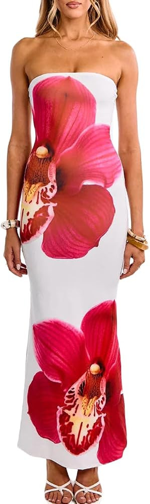 Realtix Women's Summer Floral Print Strapless Bodycon Maxi Dress Sexy Tube Top Fitted Party Long ... | Amazon (US)