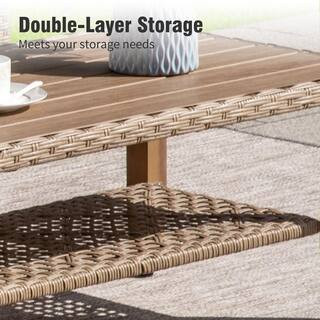 PHI VILLA Brown 3-Piece Wood Outdoor Wicker Patio Conversation Sectional Seating Set with Beige C... | The Home Depot