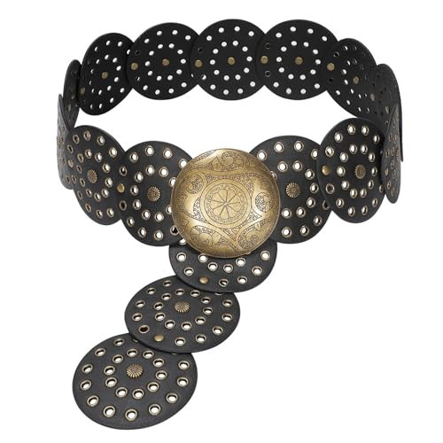 JASGOOD Western Belts for Women Wide Hollow Disc Leather Belt Cowgirl Waist Belt for Jeans Dresses with Metal Buckle | Amazon (US)