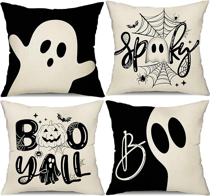 DFXSZ Halloween Pillow Covers 18x18 inch Set of 4 White Ghost Pumpkins Decor Pillow Covers Happy ... | Amazon (US)